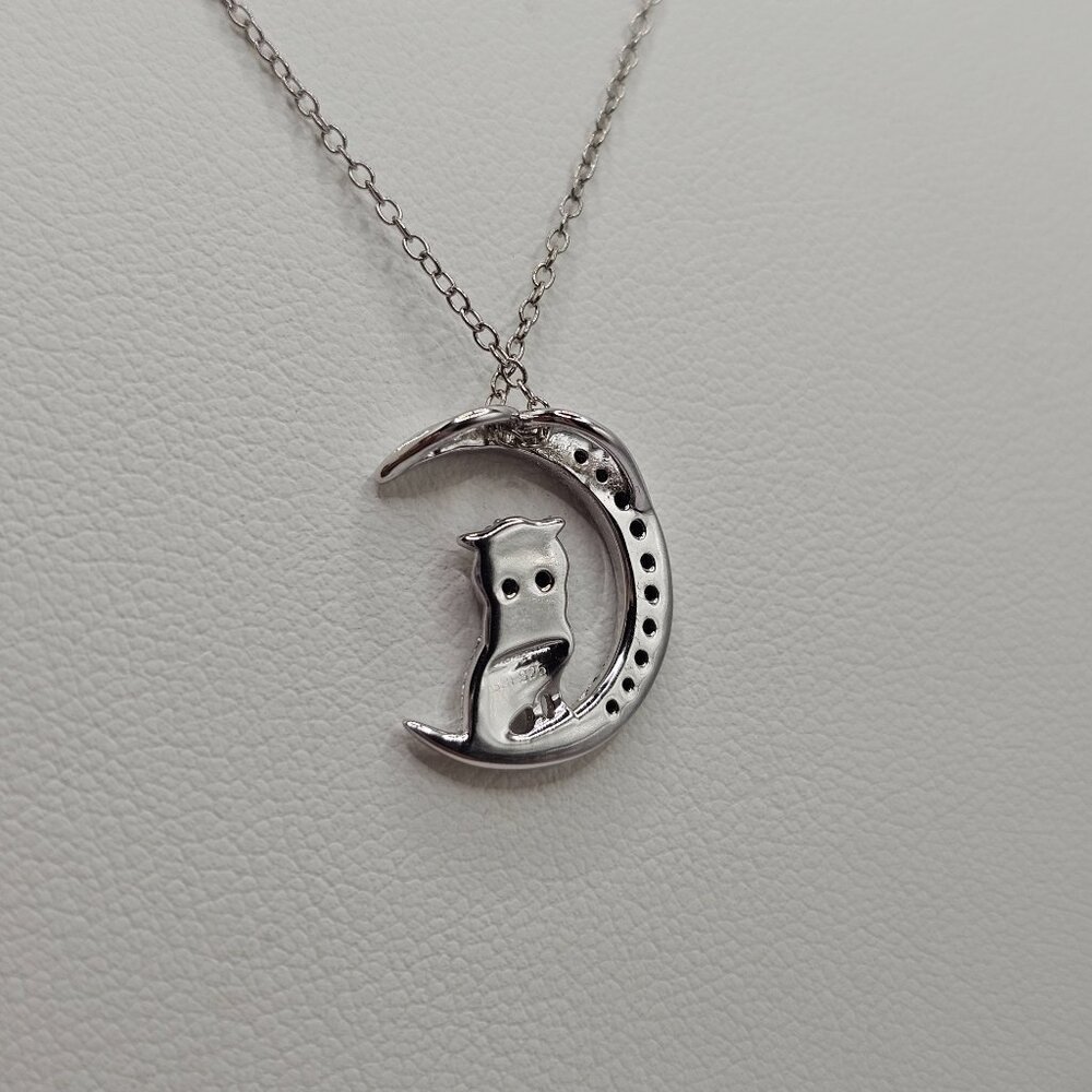 Sterling Silver 925 Rhodium Plated CZ Black Moon and Owl Pendant Necklace - Picture 7 of 10